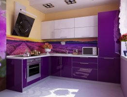 Продажа Небольшая угловая кухня с глянцевыми фасадами и  фотопечатью на фартуке в каталоге Купить Небольшая угловая кухня с глянцевыми фасадами и  фотопечатью на фартуке в каталоге