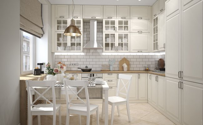 Высокая угловая кухня с деревянной столешницей