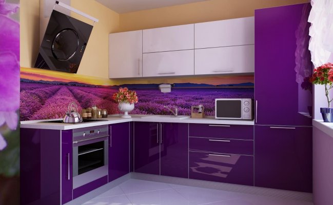 Небольшая угловая кухня с глянцевыми фасадами и  фотопечатью на фартуке