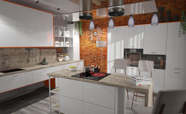 Белая кухня с акцентными боковыми фасадами