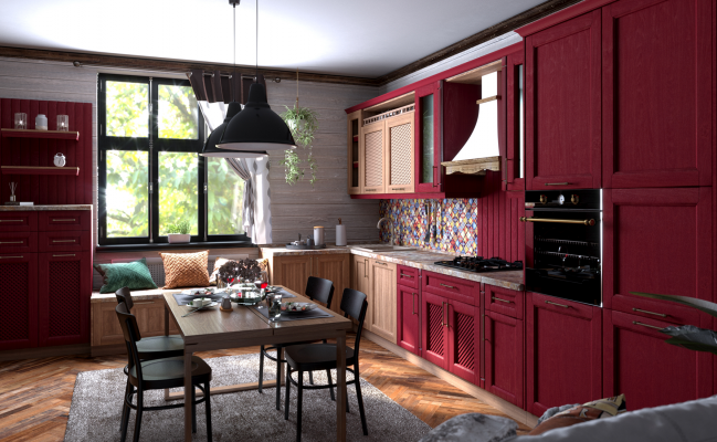 Угловая кухня в стиле кантри с местом для отдыха