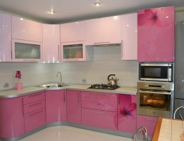 Продажа Угловая кухня с фотопечатью на фасадах розового цвета в каталоге Купить Угловая кухня с фотопечатью на фасадах розового цвета в каталоге