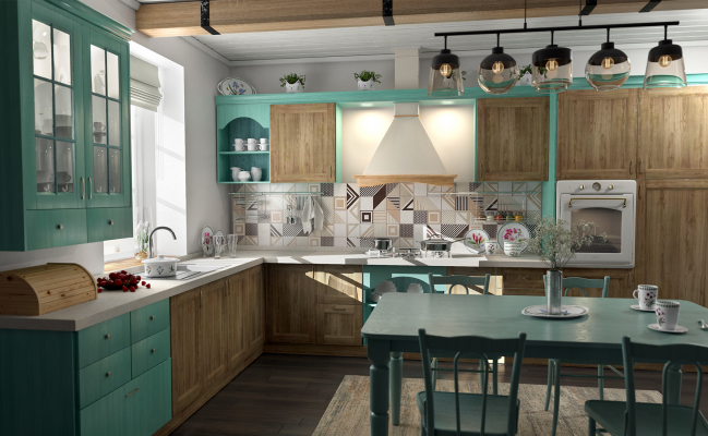 Угловая кухня в стиле кантри бирюзового цвета