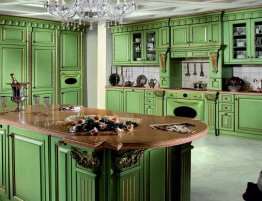 Продажа Большая кухня с фасадами в зеленом цвете и патиной в каталоге Купить Большая кухня с фасадами в зеленом цвете и патиной в каталоге