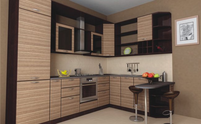 Угловая кухня с фартуком плиткой бежевого цвета