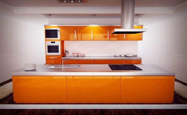 Кухня с оранжевыми фасадами и большим островом
