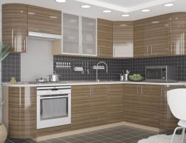 Продажа Угловая глянцевая кухня с темным фартуком в каталоге Купить Угловая глянцевая кухня с темным фартуком в каталоге