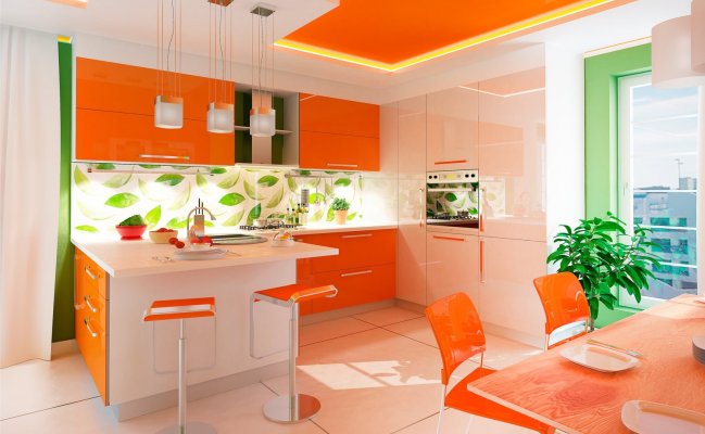 Кухня п-образная с глянцевыми фасадами