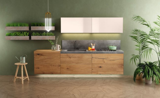 Небольшая прямая кухня фасадами под дерево