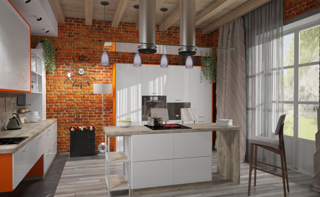 Белая кухня с акцентными боковыми фасадами