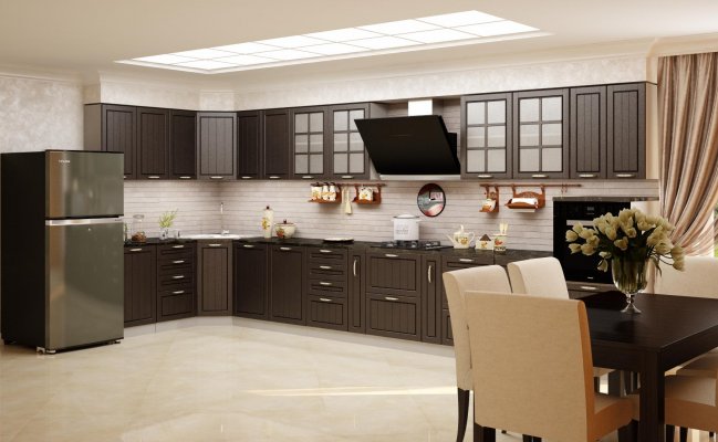 Большая угловая кухня с фрезеровкой на фасадах