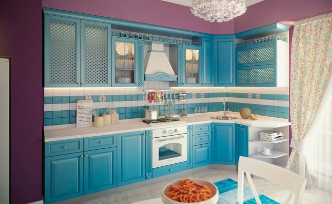 Кухня в голубом цвете из массива дерева