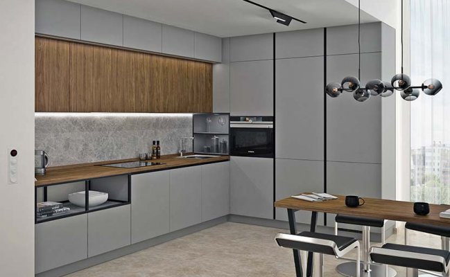 Серая угловая кухня с деревянными вставками