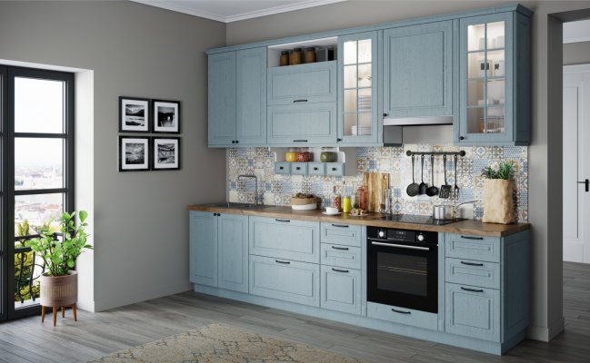Прямая кухня в стиле кантри голубого цвета