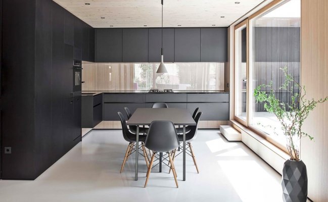 Черная угловая кухня в стиле минимализм