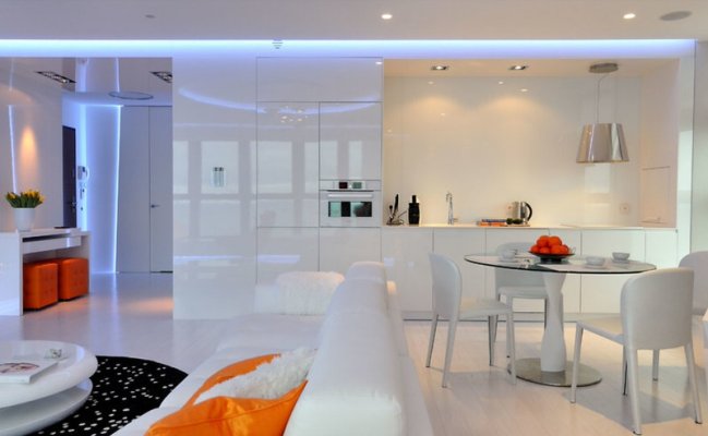 Прямая белая кухня в стиле хай-тек Глянец