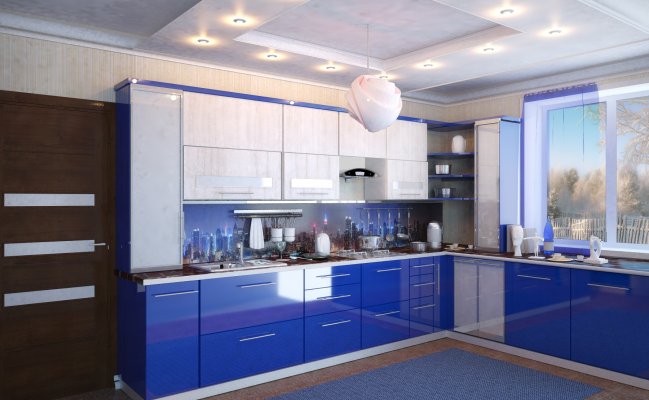 Угловая кухня с фартуком фотопечатью и цветными фасадами