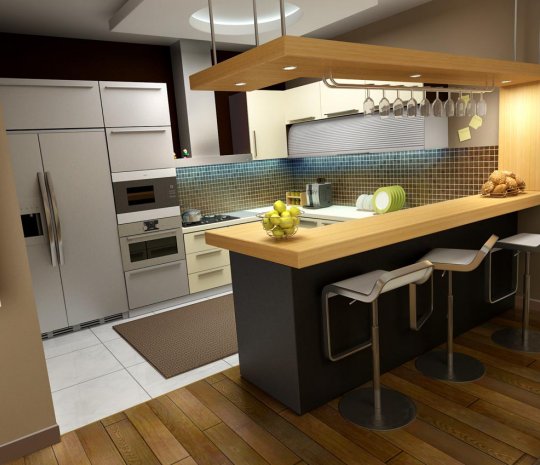 Кухня в стиле модерн с барной стойкой