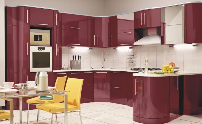 Большая кухня с радиусными фасадами в бордовом цвете