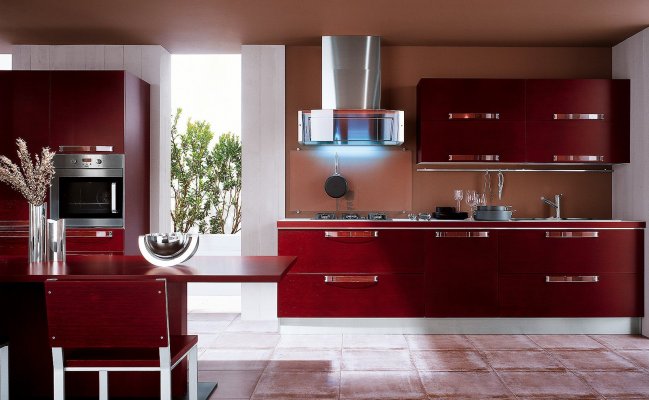 Прямая кухня с глянцевыми фасадами в бордовом цвете