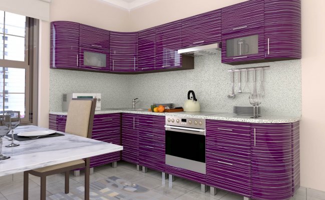 Угловая кухня с фиолетовыми фасадами в белую полоску