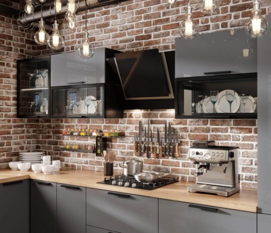 Угловая кухня темного цвета в стиле лофт 