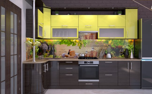 Угловая кухня с фартуком с фотопечатью