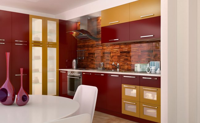 Угловая кухня в бордовом цвете