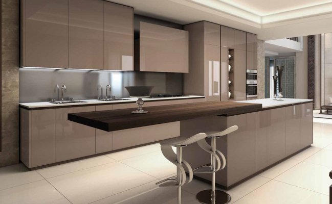 Прямая кухня с глянцевыми фасадами и островом совмещенным с барной стойкой