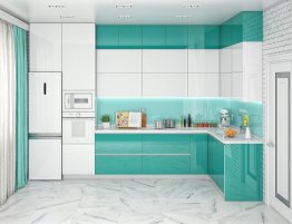 Продажа Кухня с глянцевыми фасадами в бело-бирюзовом цвете в каталоге Купить Кухня с глянцевыми фасадами в бело-бирюзовом цвете в каталоге