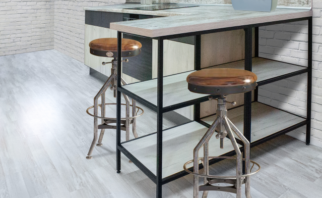 Прямая кухня Белый дуб - Бетон с барной стойкой