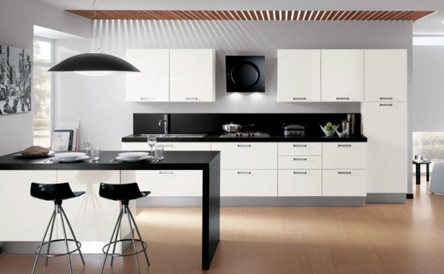 Прямая белая кухня в стиле хай-тек с барной стойкой