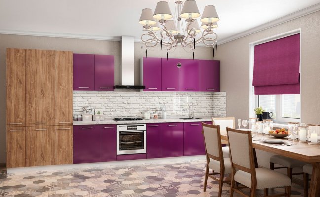 Большая кухня с сиреневыми фасадами