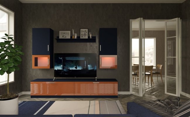 Стенка для гостиной с двумя подвесными шкафами и тумбой