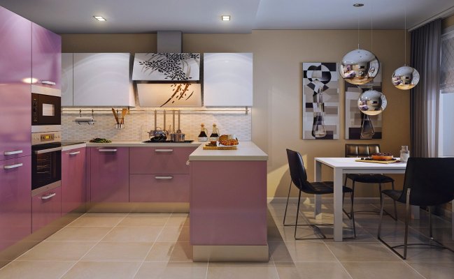 Кухня п-образной формы с розовыми фасадами