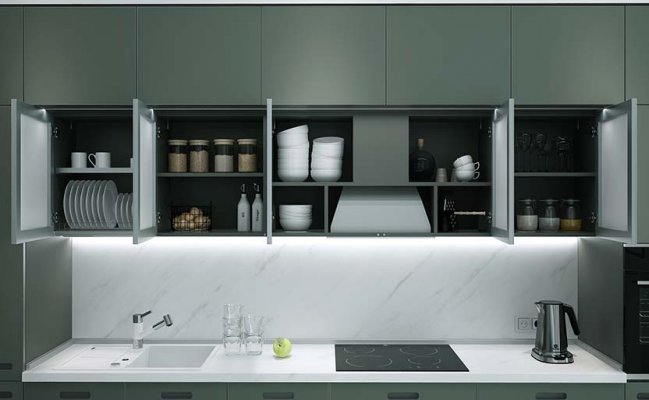 Серая прямая кухня в стиле минимализм