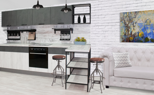 Прямая кухня Белый дуб - Бетон с барной стойкой