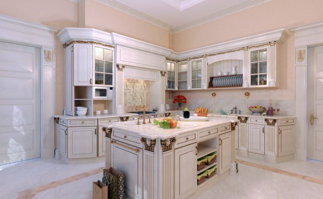 Кухня с фартуком мрамор, с островом