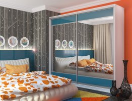 Купить Шкаф-купе с бирюзовой полосой на фасадах и зеркалом в каталоге В коридор