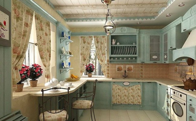 Большая П-образная кухня в стиле кантри нежно-бирюзового цвета
