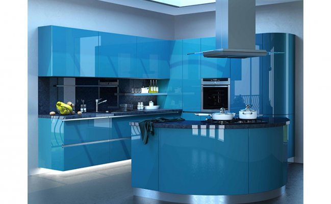 Кухня в голубом цвете с закругленными фасадами