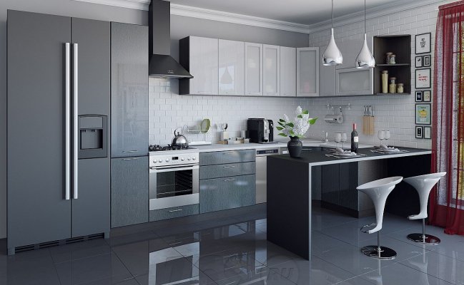 Серая кухня хай-тек с барной стойкой