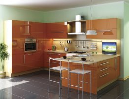 Купить Кухня п-образная с глянцевыми фасадами оранжевого цвета в каталоге Из пвх