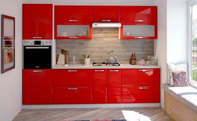 Небольшая кухня в красном цвете с глянцевыми фасадами