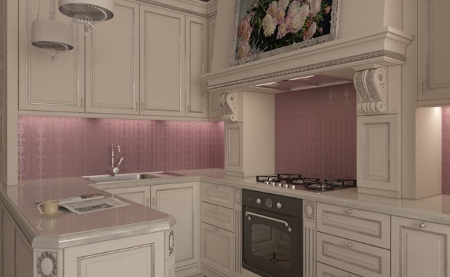 Кухня для небольшого помещения с розовым фартуком