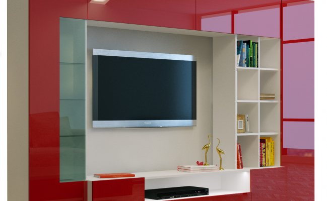 Большой шкаф-стенка с открытыми полками и местом под телевизор