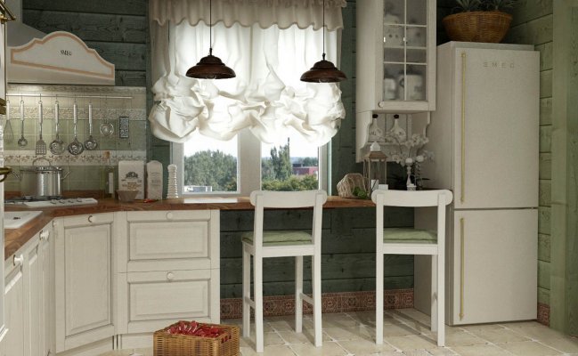 Белая угловая кухня в стиле кантри со столешницей у окна