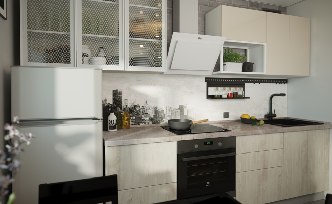 Светлая прямая кухня с фотопечатью на фартуке