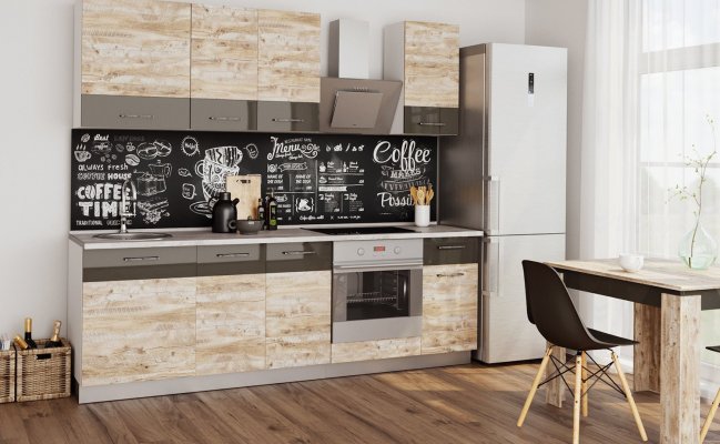 Прямая матовая кухня с фартуком с фотопечатью