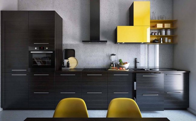 Прямая небольшая кухня с стеклянным фартуком